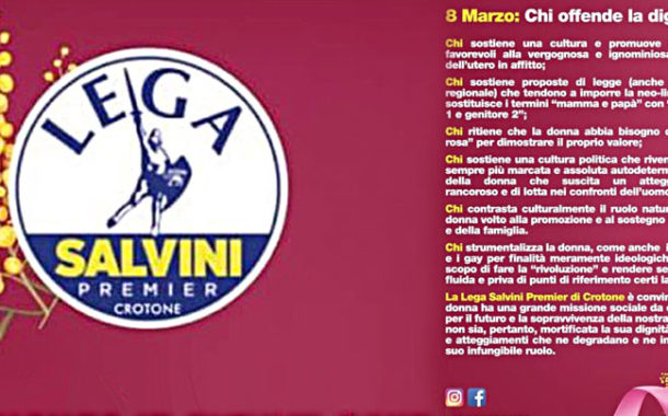 Un volantino per l'8 marzo e scatta la polemica contro la Lega Giovani Salvini di Crotone